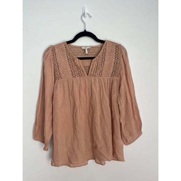 Joie Boho Peasant Blouse Women S Pink Crochet Lace Gauze Cotton Top - Picture 1 of 8
